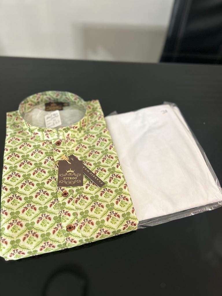 Pista Green Color Festive Wear Kurta Pajama Set