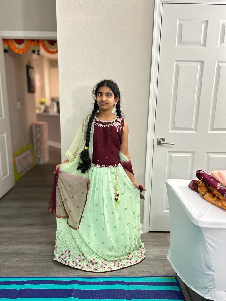 Lehenga- GreenColor with MaroonishWine