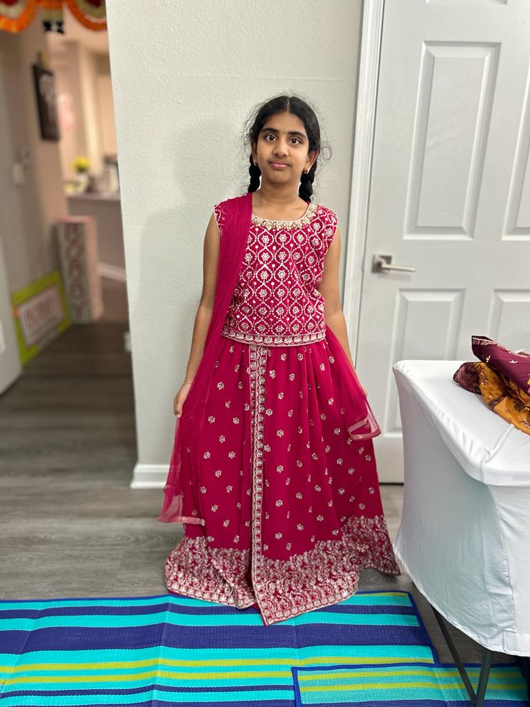 Lehenga- RaniPink in Trendy Divided Pattern in skirt
