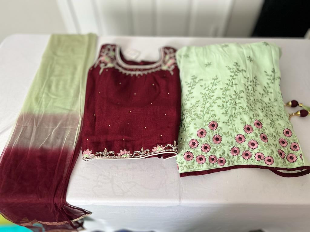 Lehenga- GreenColor with MaroonishWine