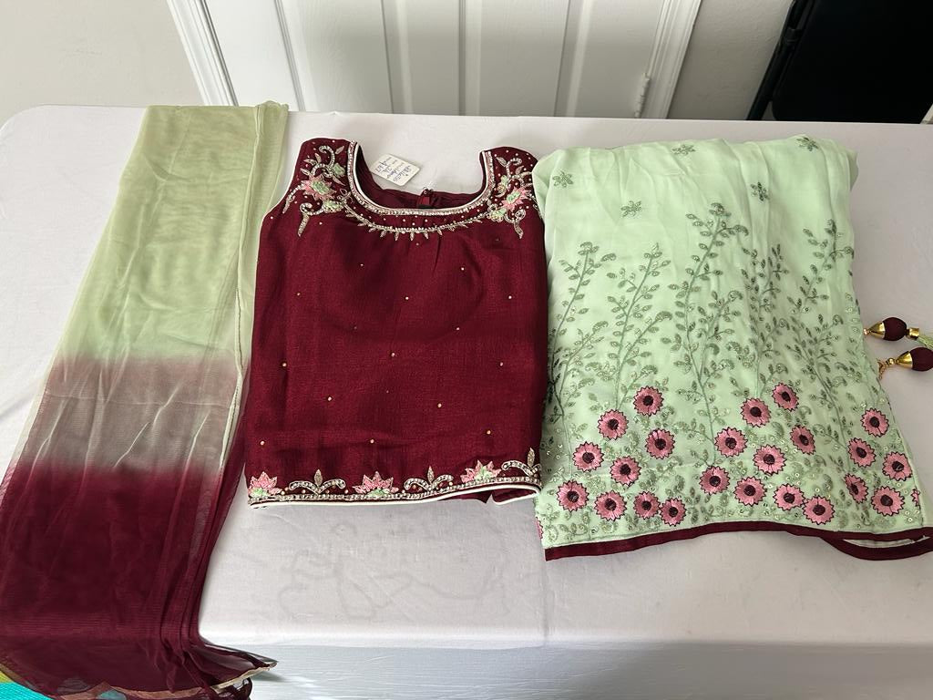 Lehenga- GreenColor with MaroonishWine