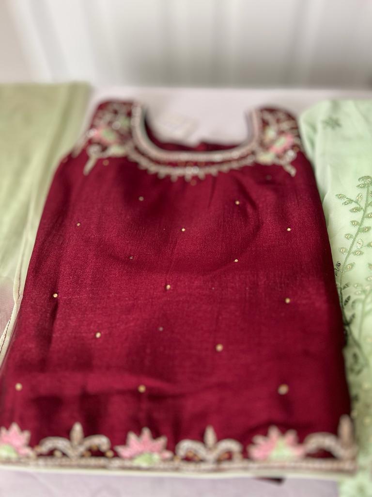 Lehenga- GreenColor with MaroonishWine