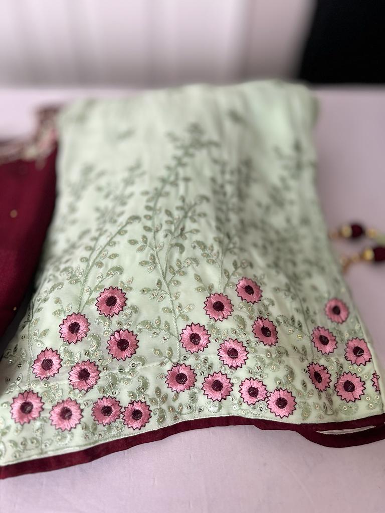 Lehenga- GreenColor with MaroonishWine