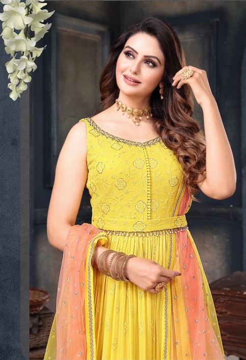 Anarkali Yellow Embroidery Work With Gold Lace in Neck