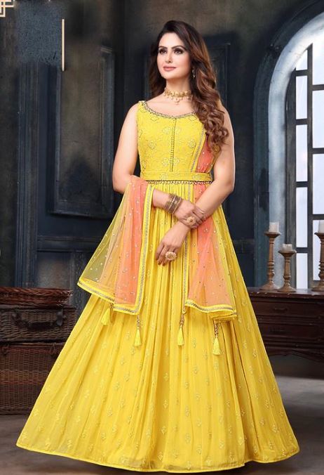 Anarkali Yellow Embroidery Work With Gold Lace in Neck