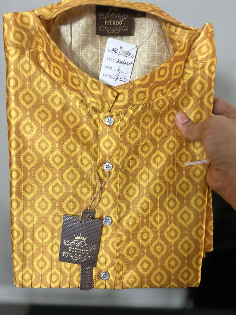 Gold Yellow Color Festive Wear Kurta Pajama Set