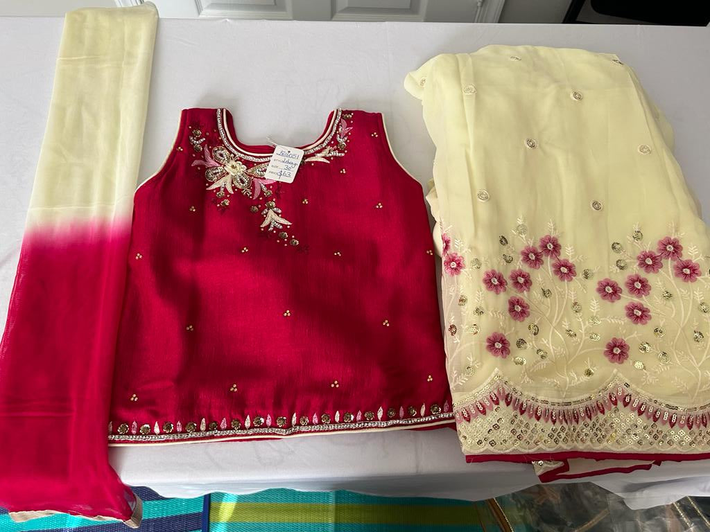 Lehenga- Cream with Rani Pink