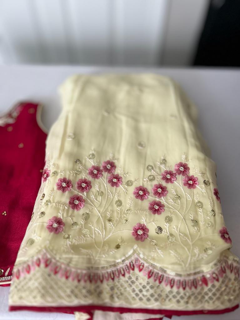 Lehenga- Cream with Rani Pink