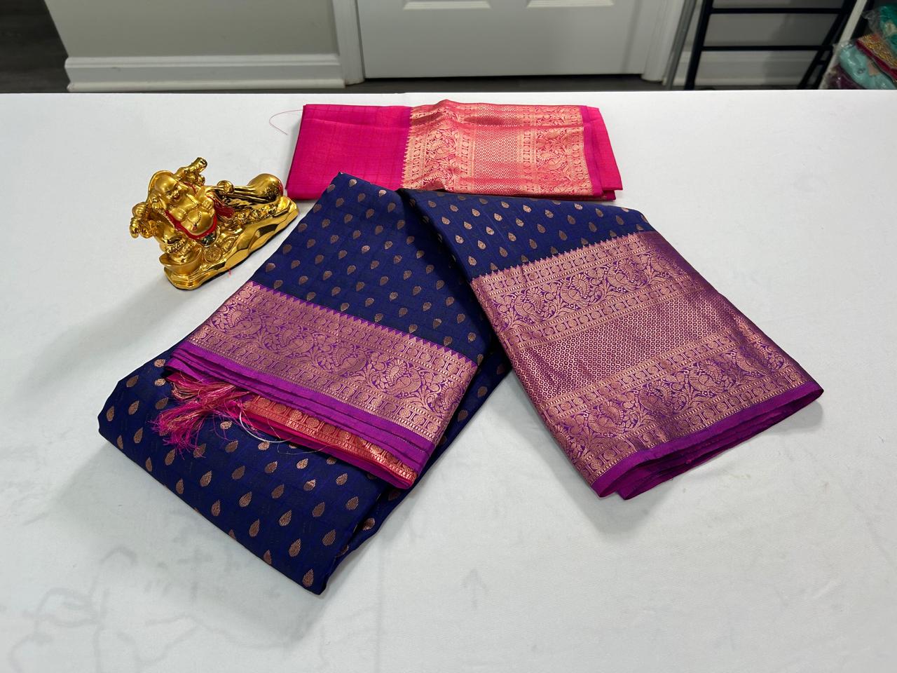 Pure Kanchipuram Silk Saree- Blue with MagentaPink