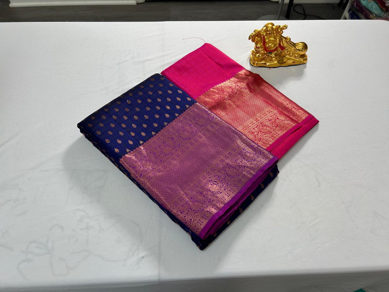 Pure Kanchipuram Silk Saree- Blue with MagentaPink