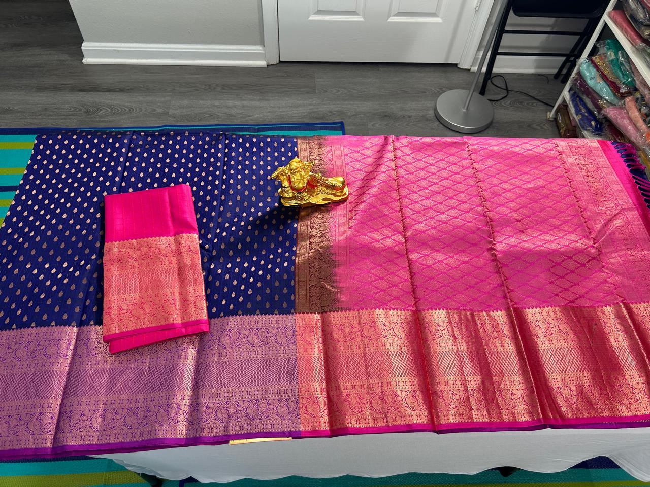 Pure Kanchipuram Silk Saree- Blue with MagentaPink