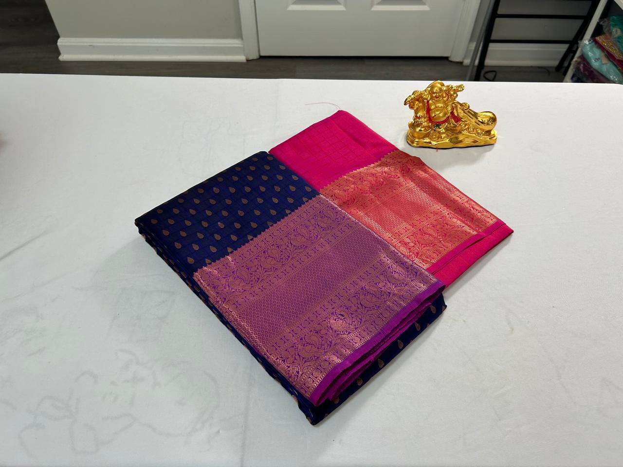 Pure Kanchipuram Silk Saree- Blue with MagentaPink