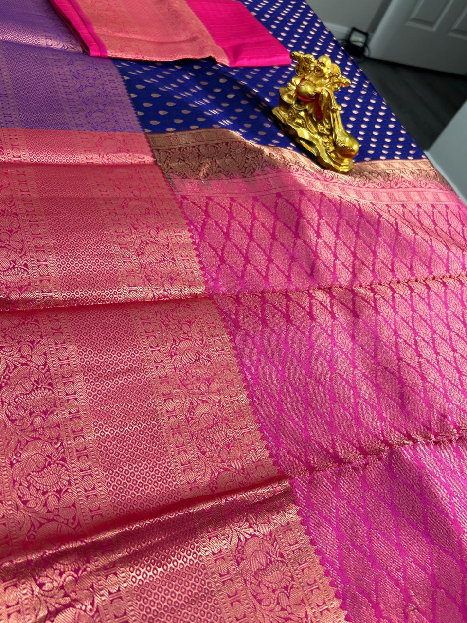 Pure Kanchipuram Silk Saree- Blue with MagentaPink