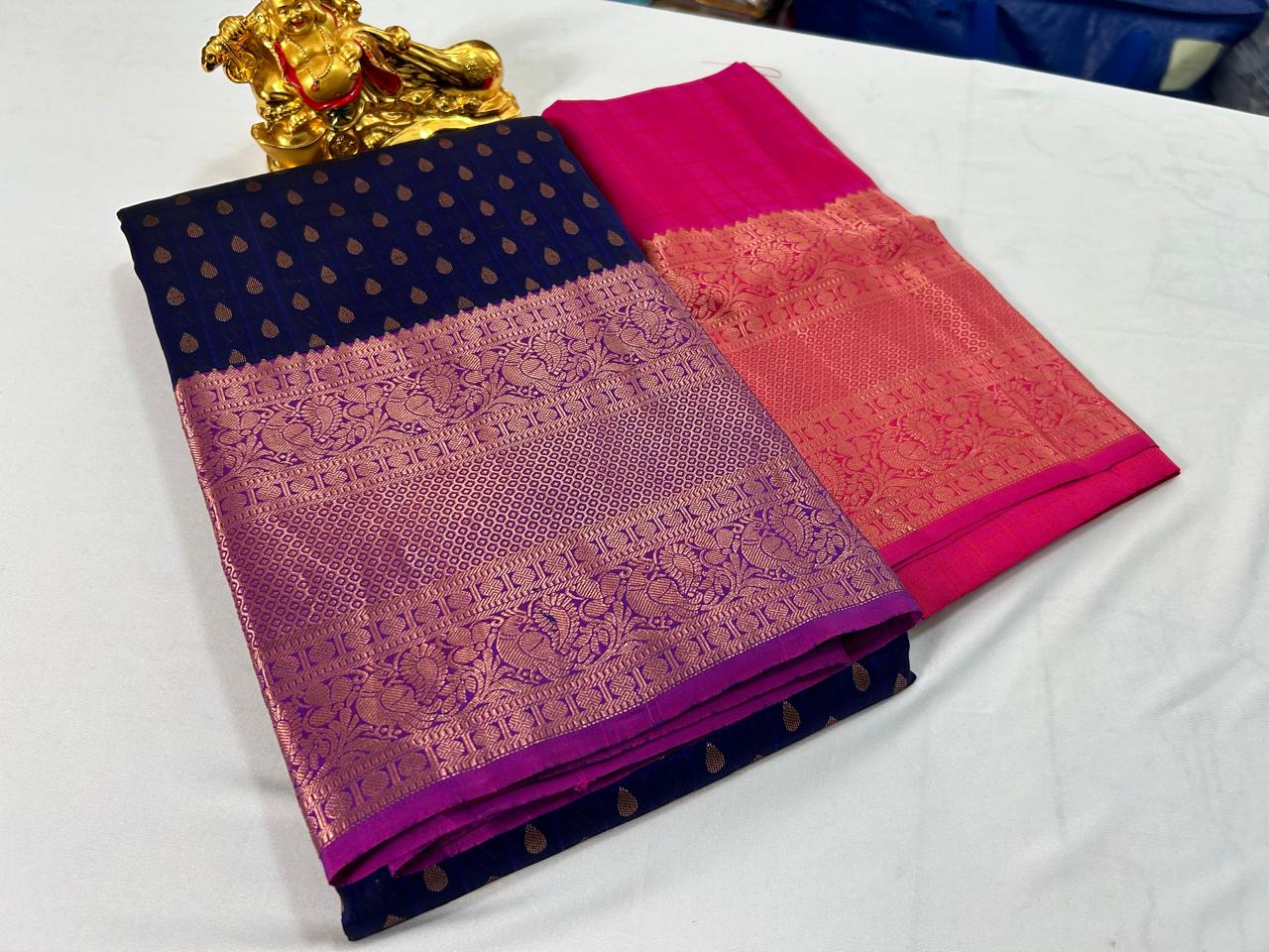 Pure Kanchipuram Silk Saree- Blue with MagentaPink