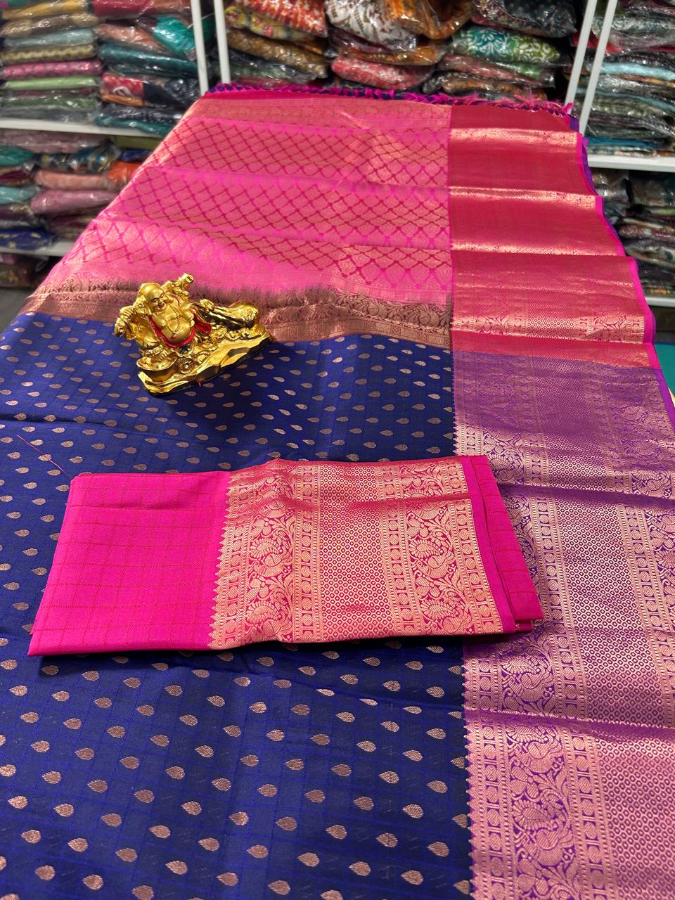 Pure Kanchipuram Silk Saree- Blue with MagentaPink