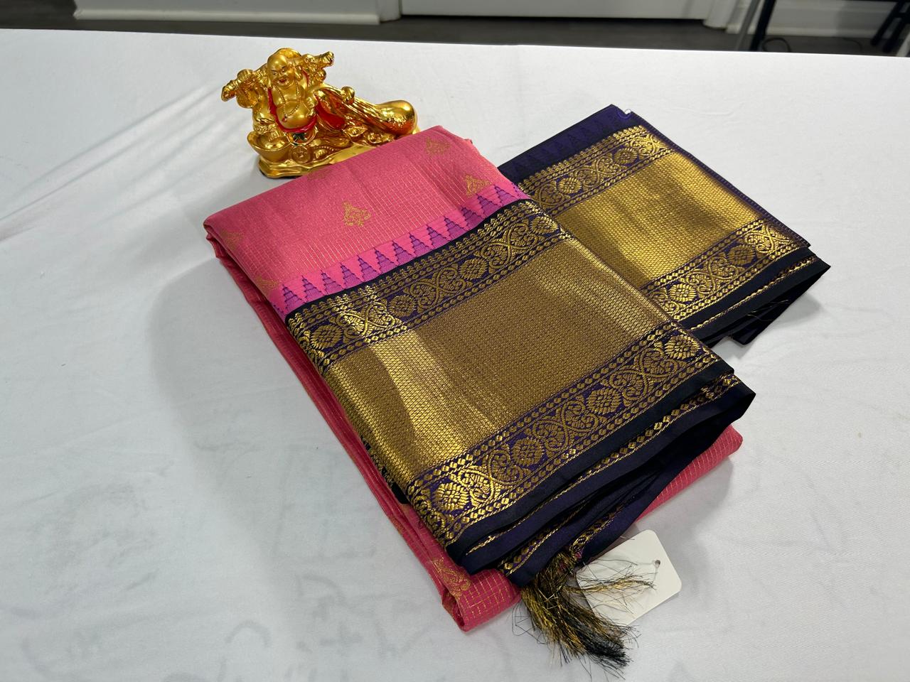 Pure Kanchipuram Silk Saree- PaneerRose Pink Shade with Purple