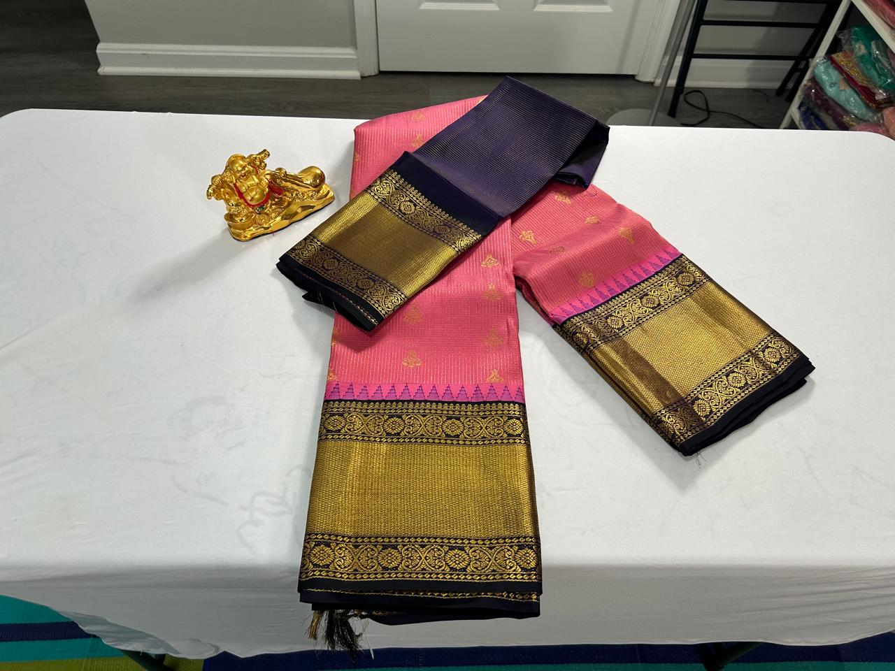 Pure Kanchipuram Silk Saree- PaneerRose Pink Shade with Purple