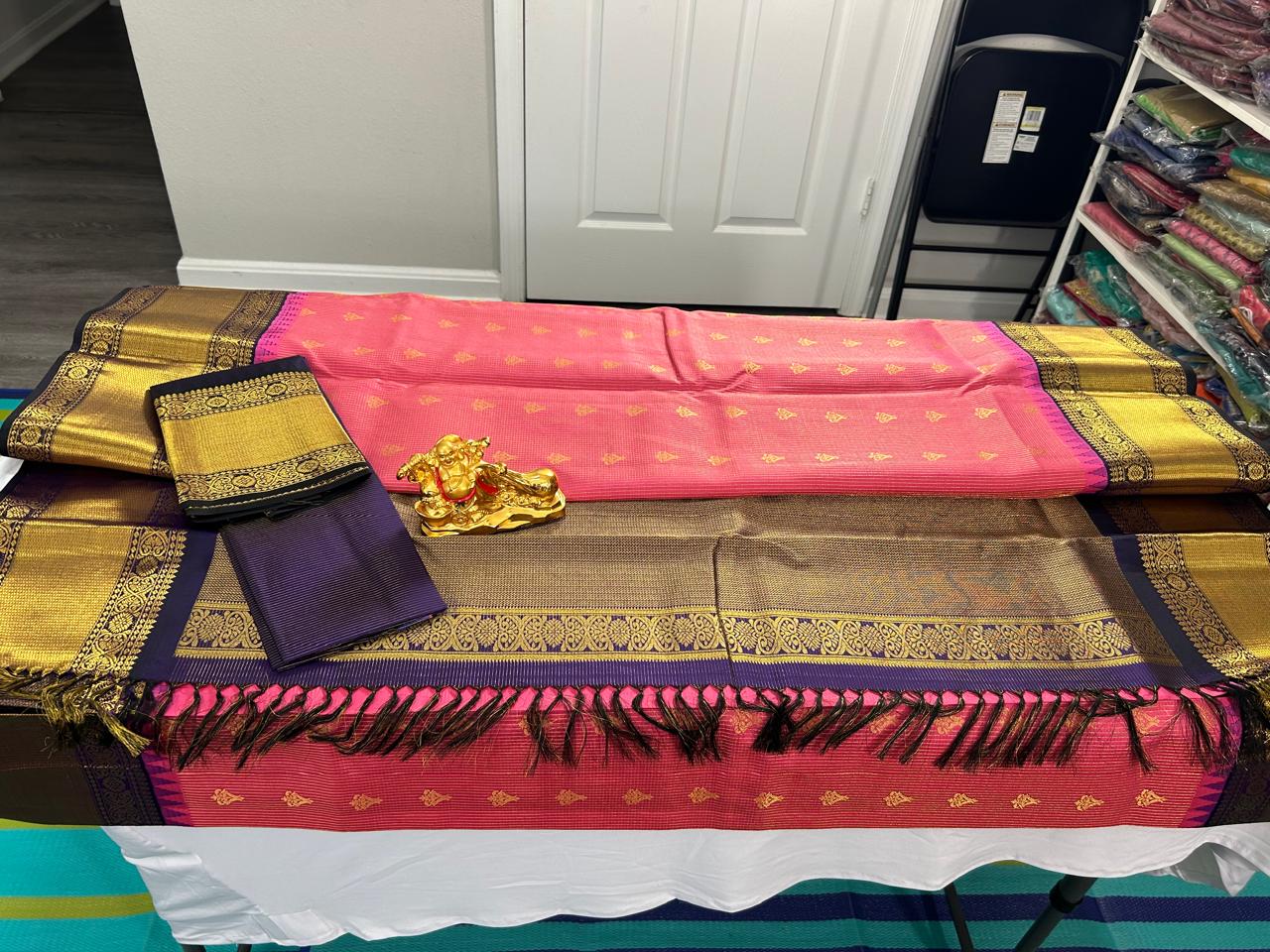 Pure Kanchipuram Silk Saree- PaneerRose Pink Shade with Purple