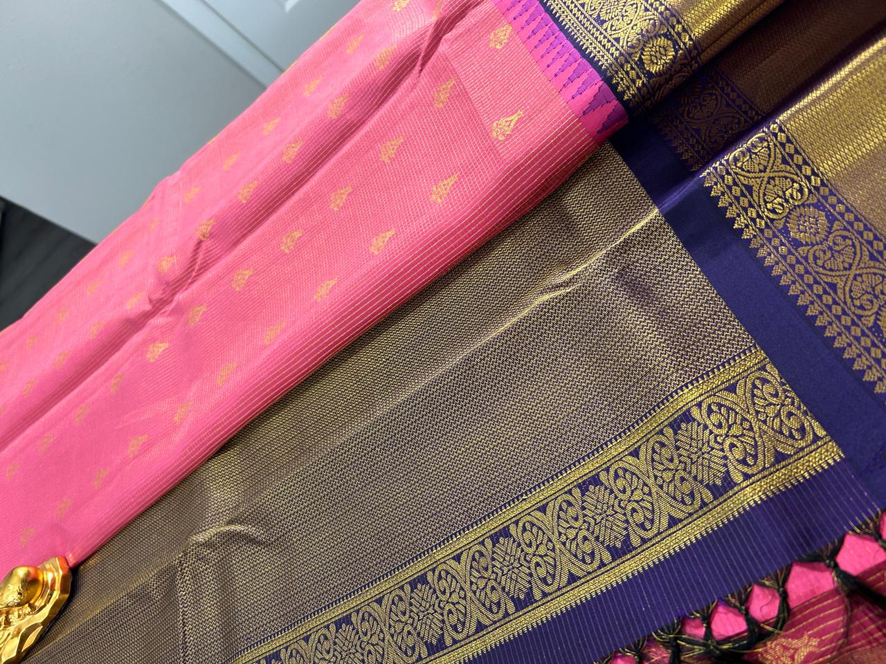 Pure Kanchipuram Silk Saree- PaneerRose Pink Shade with Purple