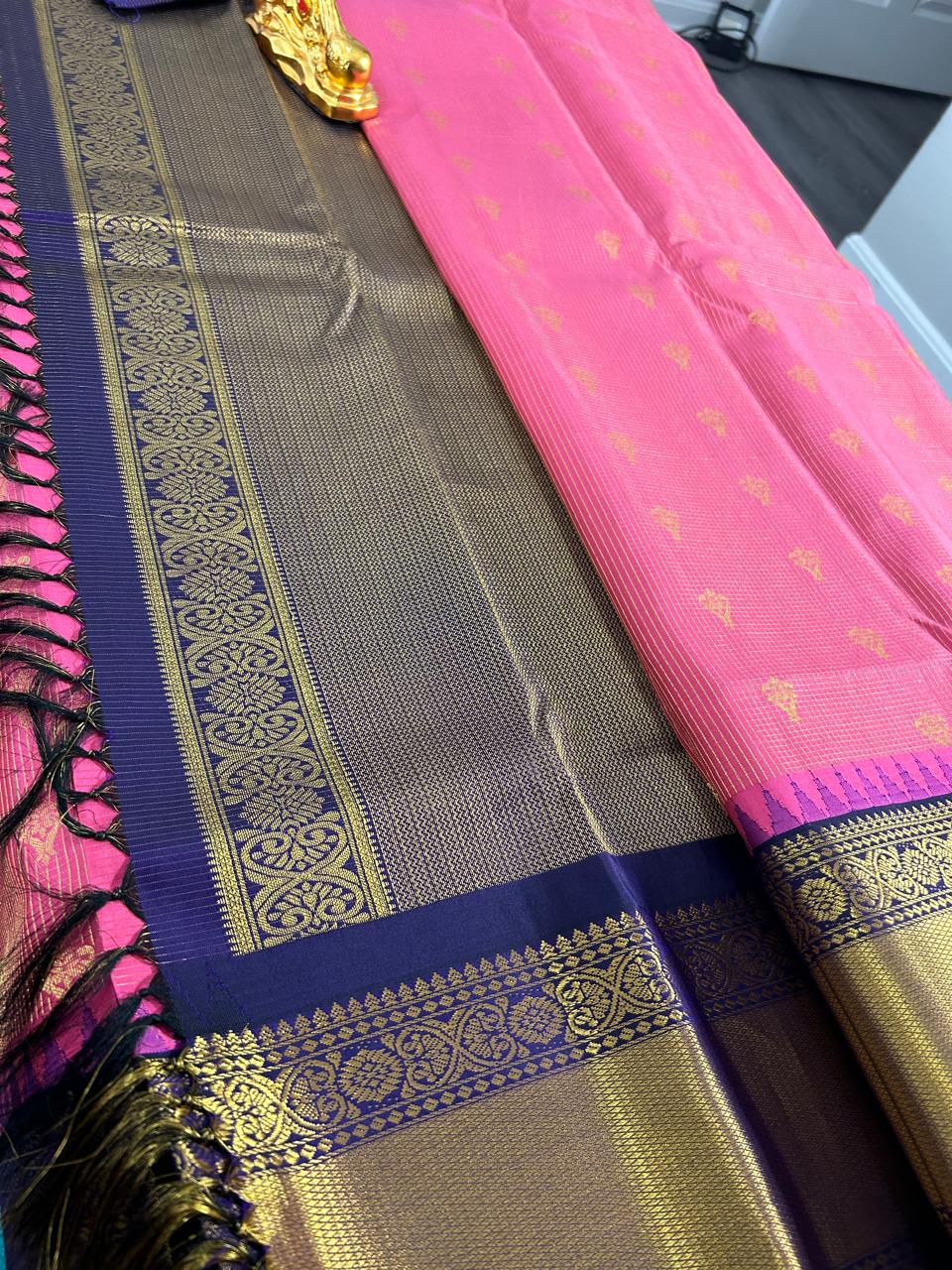 Pure Kanchipuram Silk Saree- PaneerRose Pink Shade with Purple